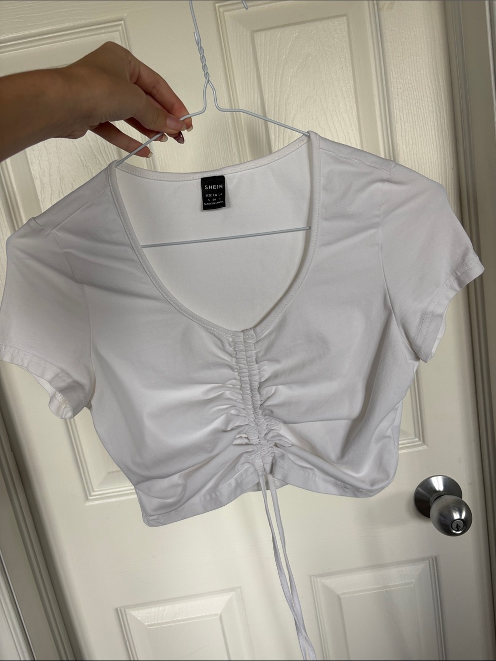 SHEIN White Ruched Drawstring V-Neck Crop Top
